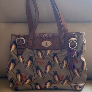 Fossil Women's Brown and Purple Bird Print Shoulder Bag